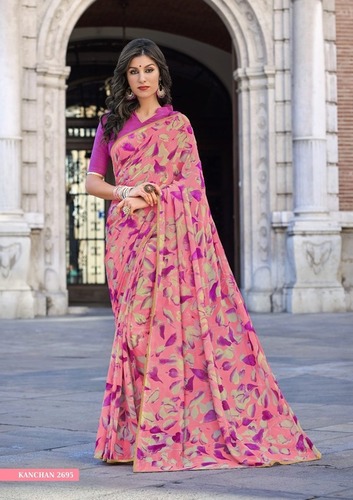 Georgette Saree - 5.5 Mtr Length, Pink Color With Lovely Piping Border | Soft Touch, Eye-catchy Look, Comfortable Wear, Foil Printed Design