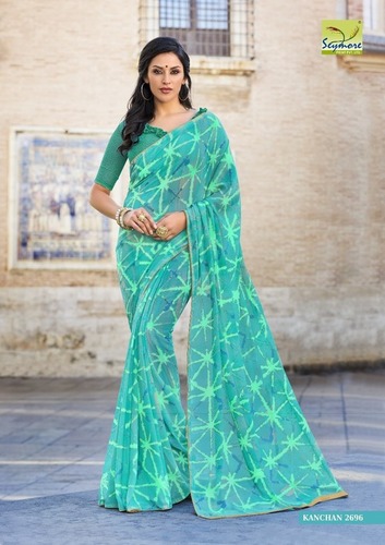 Georgette Saree - 5.5 Mtr Length, Blue with Lovely Piping Border | Soft Touch, Eye-Catchy Look, Comfortable Wear, Foil Work