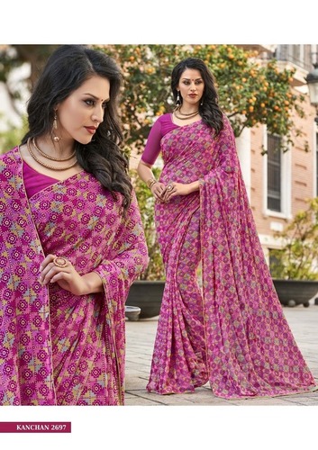 Traditional Georgette Saree - 5.5 Mtr With 0.80 Mtr Blouse, Maroon With Foil Work And Lovely Piping Border