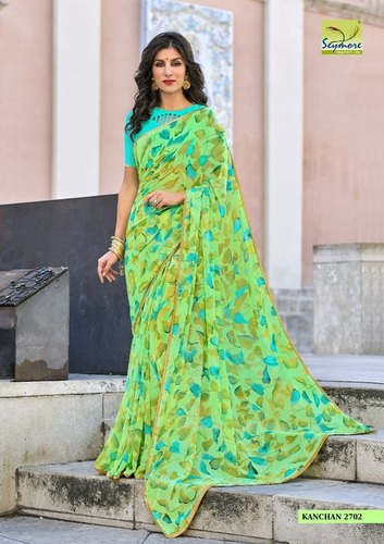 Printed Georgette Sarees - Georgette Fabric, 5.5 Mtr Saree + 0.80 Blouse, Green Color, Eye-Catchy Look, Comfortable Wear, Lovely Piping Border