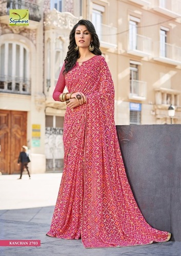 Casual Georgette Saree - Red, 5.5 Mtr Saree + 0.80 Blouse in Traditional Georgette with Lovely Piping Border, Soft Touch and Eye-Catchy Look