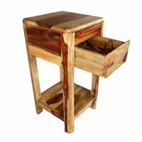 Wooden Stool - Sheesham Wood, 16x16x24 in, Light Brown | Features Two Shelves, One Drawer, Ideal for Small Item Storage or as a Plant Stand