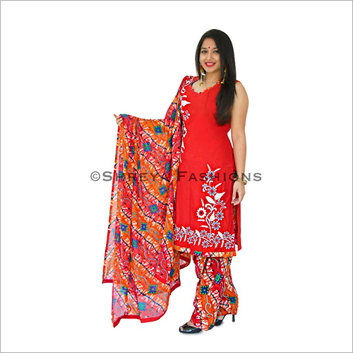 Patiala Suit - Cotton, 54 Inches, Red | Floral Embroidery, Soft Fabric, Sleeveless, Easy Wash