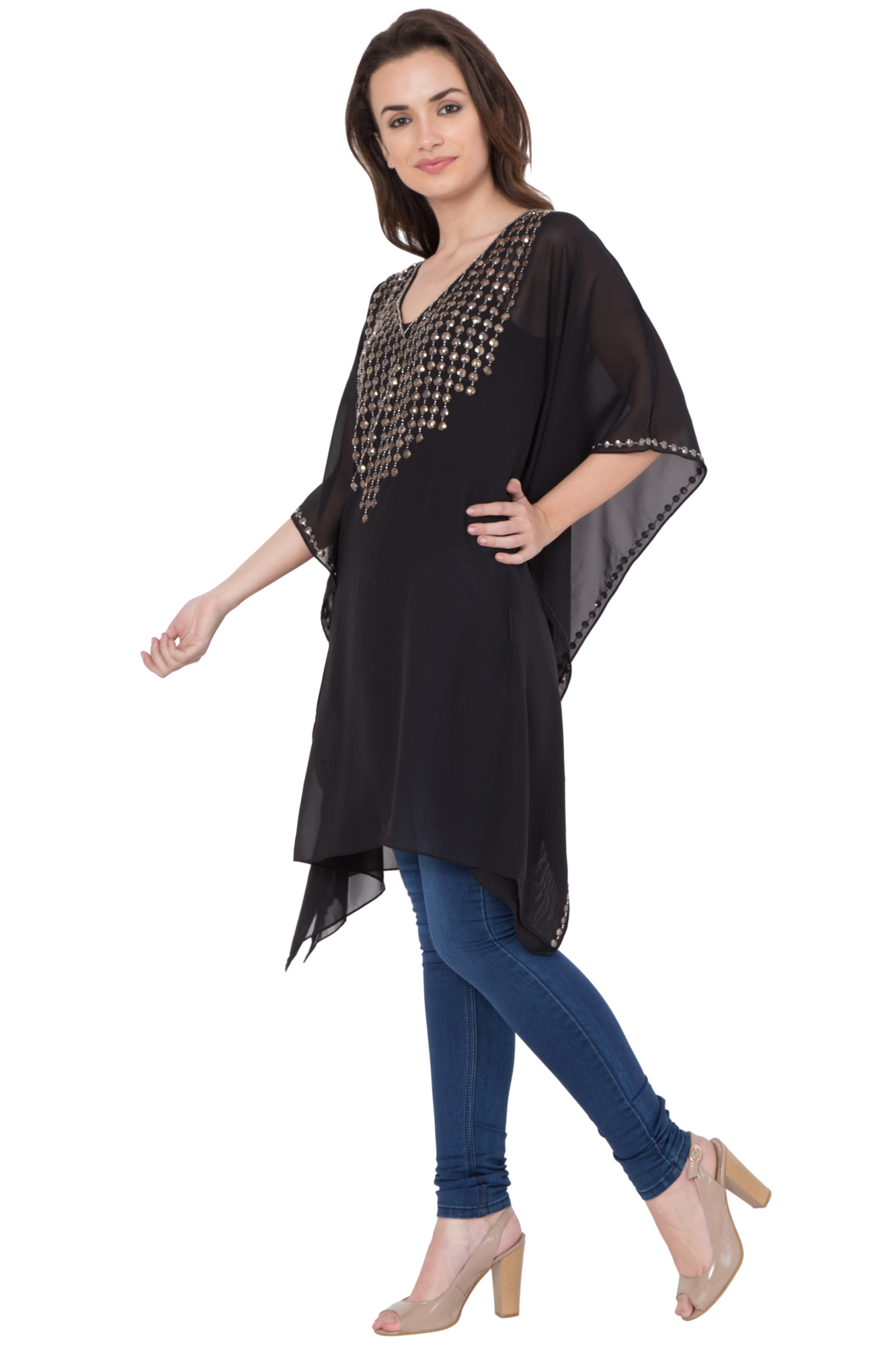 Kaftan - Polyester Size S/m/l, Black Color, Beaded Pattern With Bead Decoration | Dry Clean Only, Contemporary Western Dress