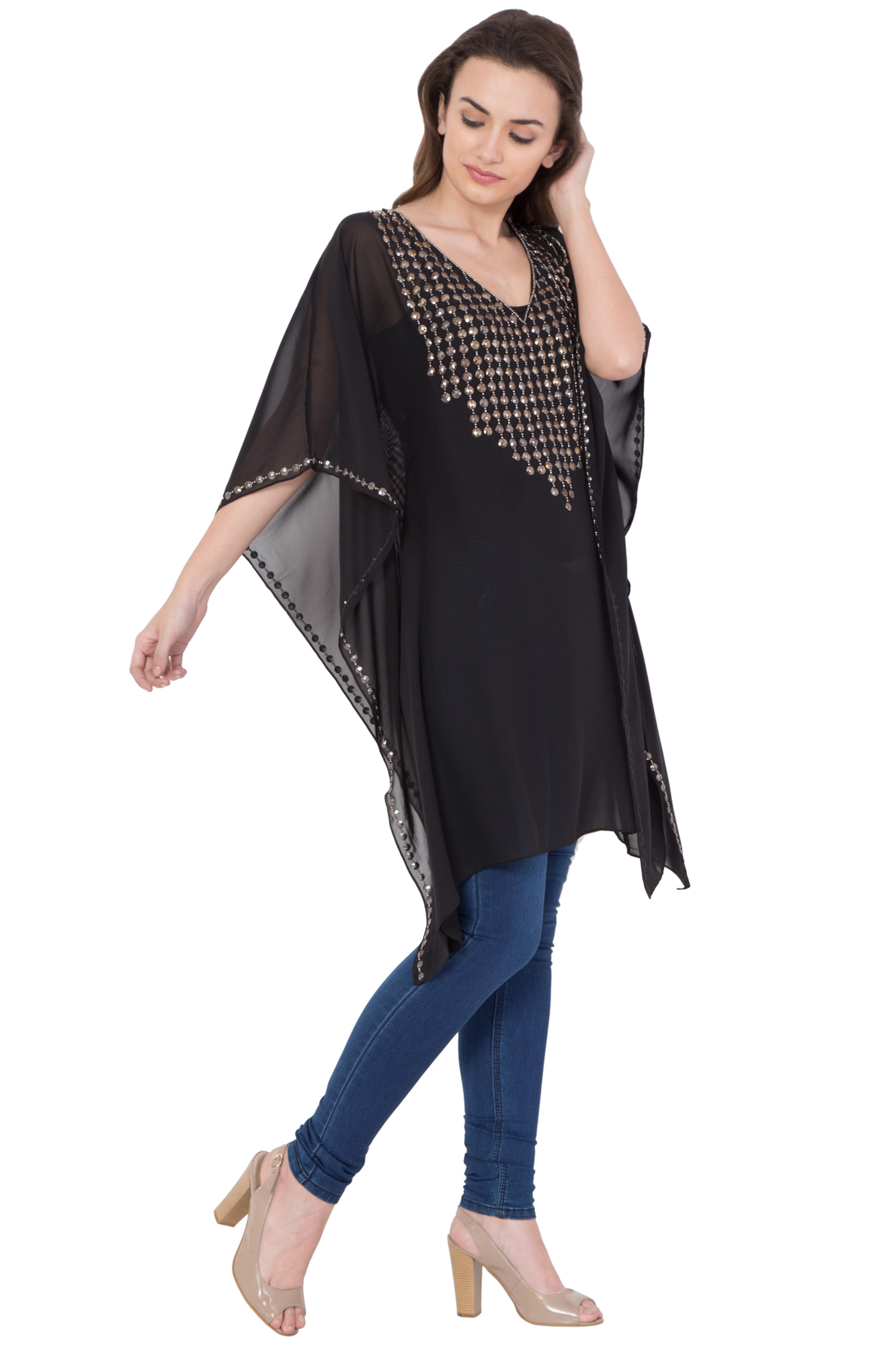 Kaftan - Polyester Size S/m/l, Black Color, Beaded Pattern With Bead Decoration | Dry Clean Only, Contemporary Western Dress