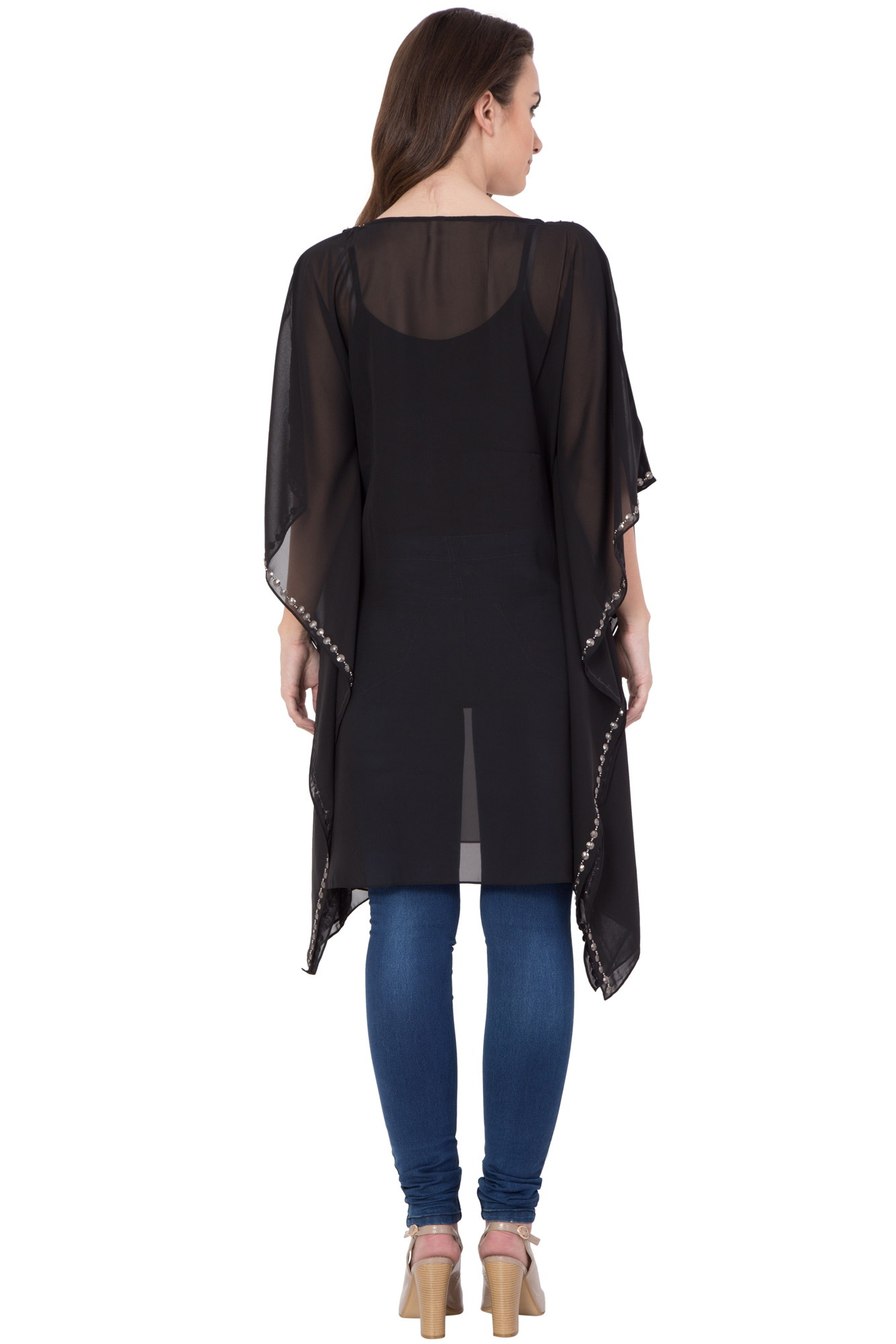 Kaftan - Polyester Size S/m/l, Black Color, Beaded Pattern With Bead Decoration | Dry Clean Only, Contemporary Western Dress