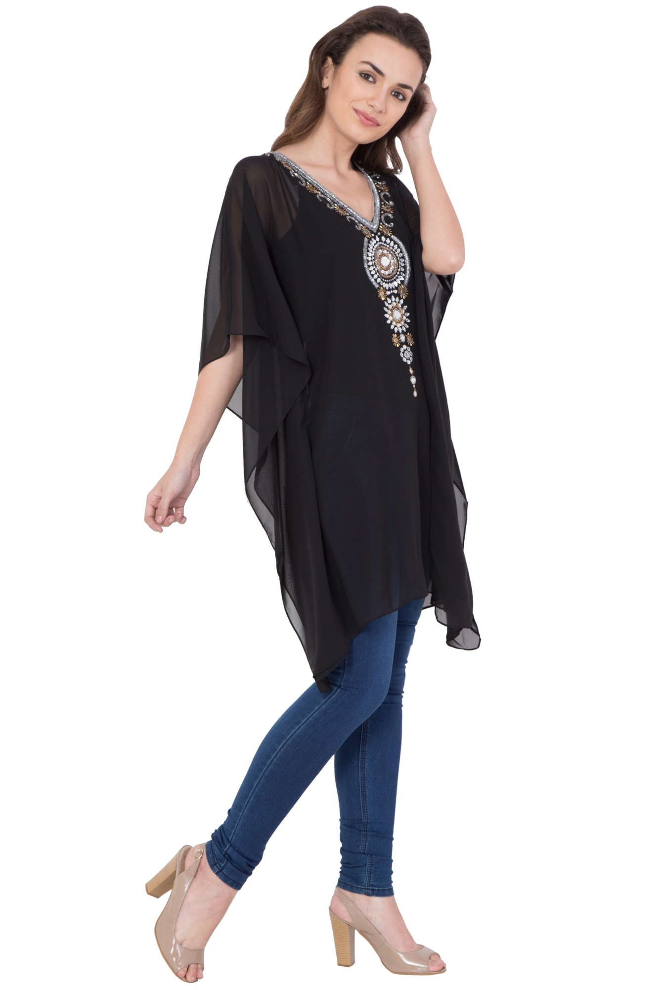 Kaftan - Poly Georgette, Size S,m,l | Beaded Pattern, Western Style