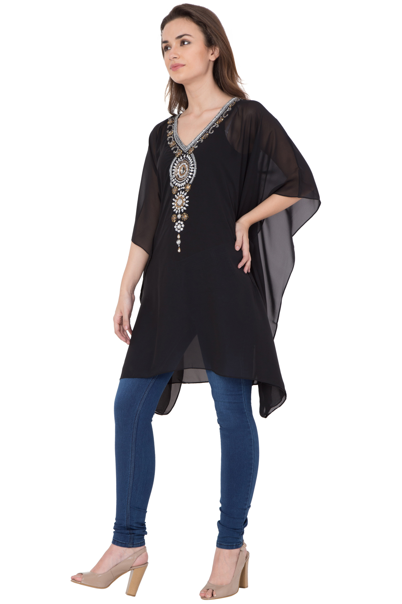 Kaftan - Poly Georgette, Size S,m,l | Beaded Pattern, Western Style
