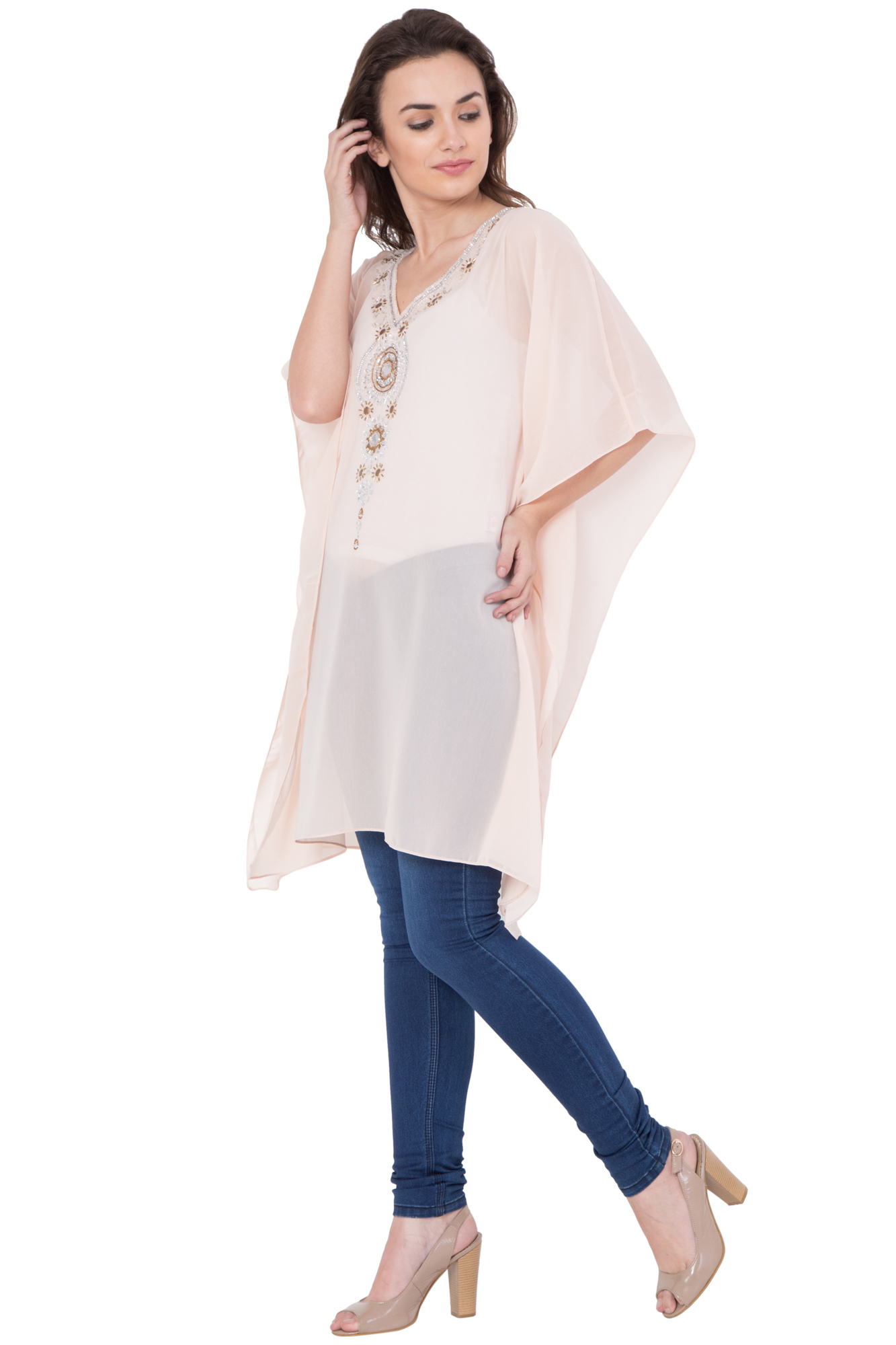 Kaftan - Polyester, Size S, Waist 40, Bust 1016, Hip 1016 | Beaded Pattern, Western Dress Type, Ethnic Indian Style