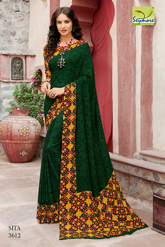 Traditional Printed Saree - Georgette Fabric, 5.5 Mtr + 0.80 Mtr Blouse | Eye-Catchy Green Pattern, Comfortable Wear for Rainy and Spring Seasons
