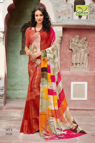 Saree - Georgette, 5.5 Mtr + 0.80 Blouse | Stunning Red with Traditional Printed Design and Lovely Border