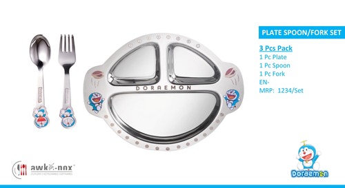 Doraemon Cutlery Set - Stainless Steel, 23cm x 19cm Plate | Includes 1 Fork & 1 Spoon, Silver Finish
