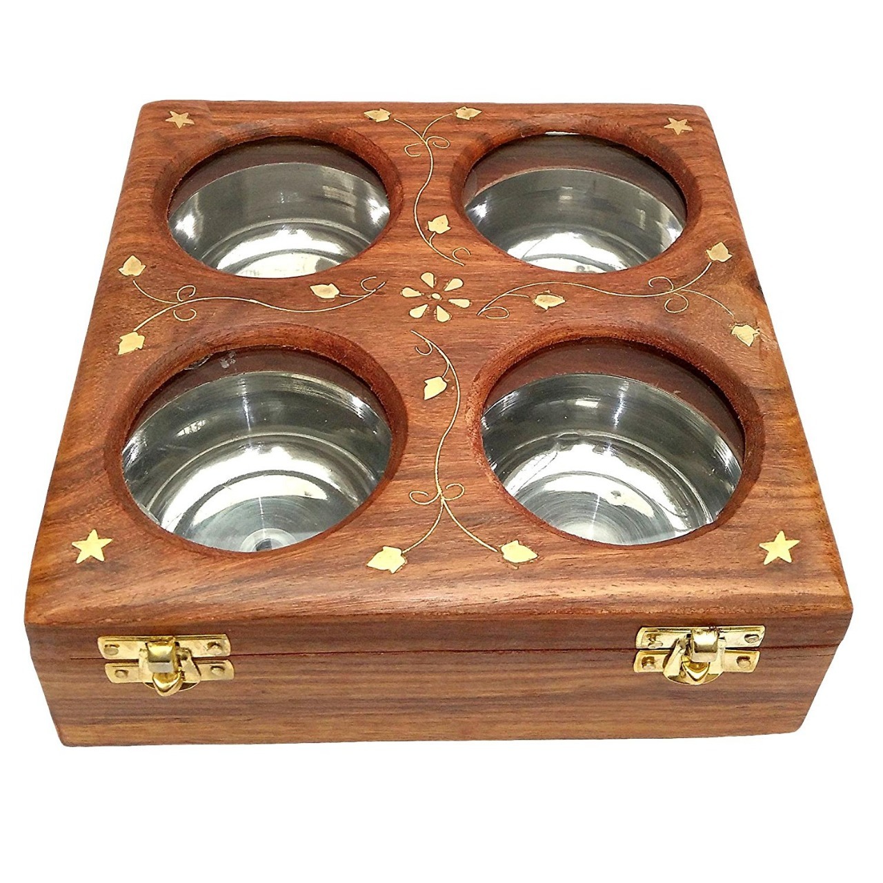 Wooden Dry Fruit Box - Wood, 8 X 8 X 2.8 Inches | Multi-utility Handcrafted Box With 4 Stainless Steel Bowls And Brass Locks