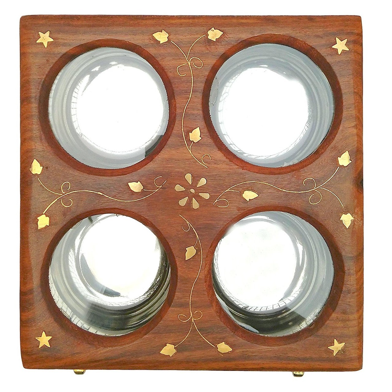 Wooden Dry Fruit Box - Wood, 8 X 8 X 2.8 Inches | Multi-utility Handcrafted Box With 4 Stainless Steel Bowls And Brass Locks
