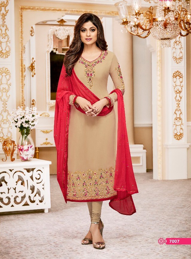 Aashirwaad Jannat Suits - Real Georgette, Approx 01 Kg | Resham Embroidery, Beige Color, Dry Clean Only