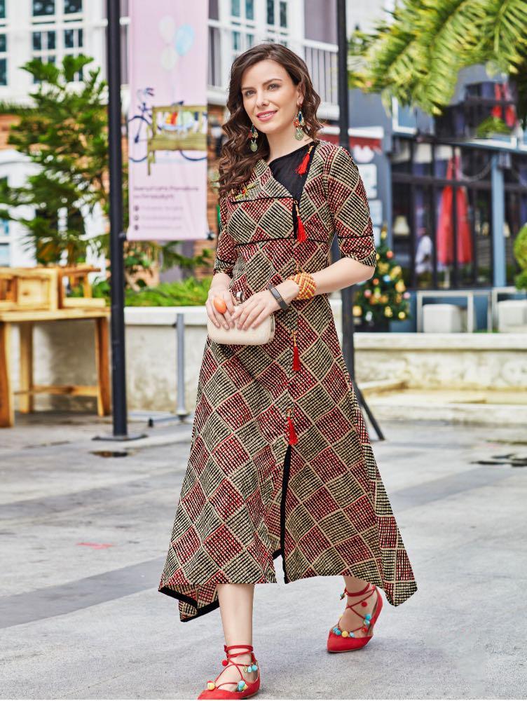 Designer Long Rayon Gown Kurta Size: Extra Large