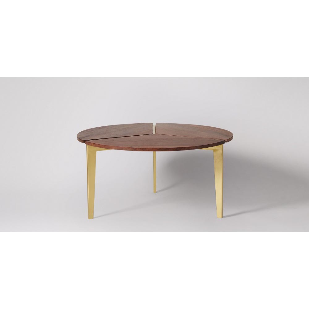 Round Coffee Table - Solid Acacia Wood, 80x80x40 Cm , Elegant Brass Frame, Indian Style