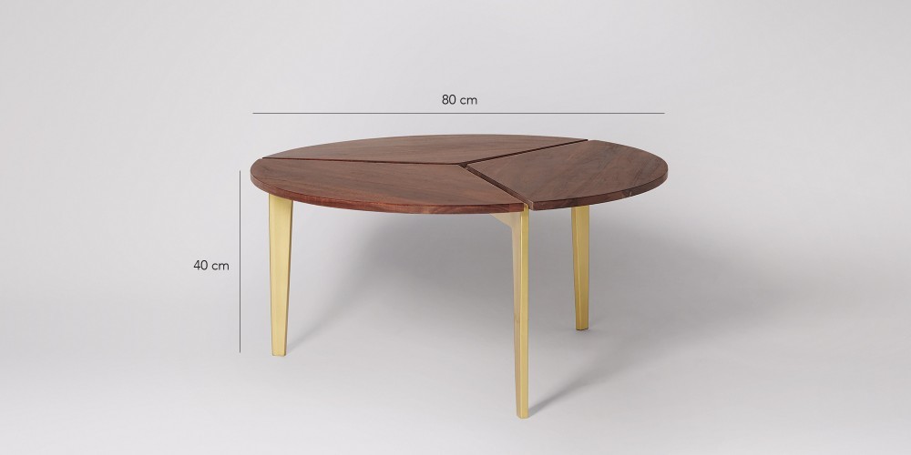 Round Coffee Table - Solid Acacia Wood, 80x80x40 Cm , Elegant Brass Frame, Indian Style