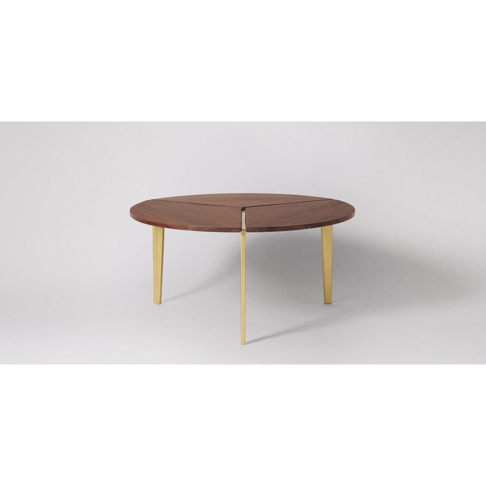 Round Coffee Table - Solid Acacia Wood, 80x80x40 Cm , Elegant Brass Frame, Indian Style