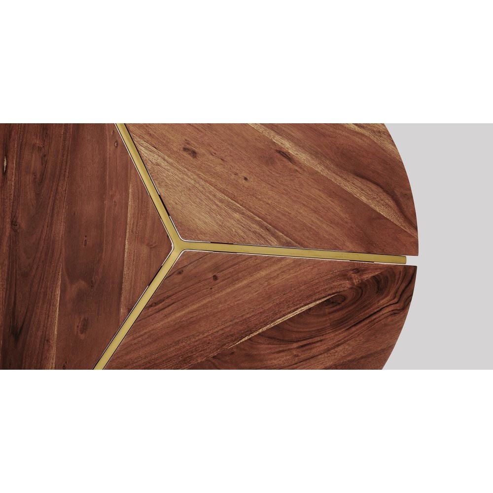Round Coffee Table - Solid Acacia Wood, 80x80x40 Cm , Elegant Brass Frame, Indian Style