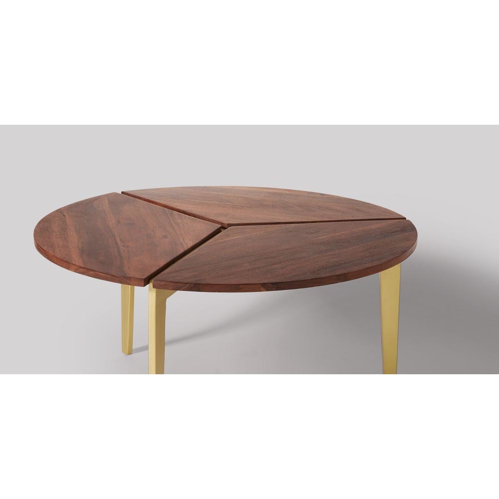 Round Coffee Table - Solid Acacia Wood, 80x80x40 Cm , Elegant Brass Frame, Indian Style