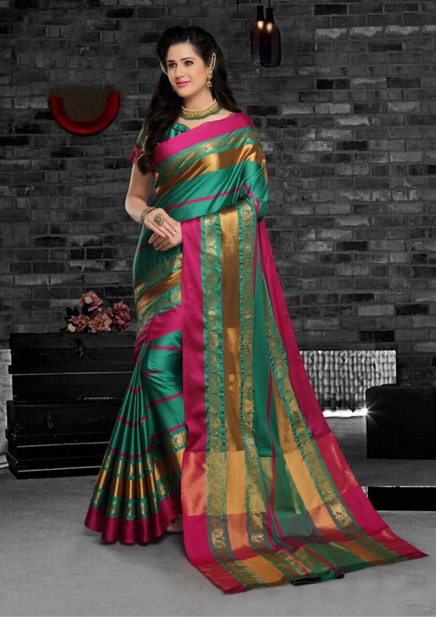 Cotton Silk Saree - Un-stitched Customized Size Up To 42" | Multicolor Woven Pattern All-season Ethnic Wear
