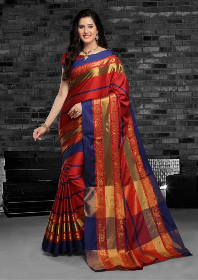 Cotton Silk Saree - Un-stitched Customized Size Up To 42" | Multicolor Woven Pattern All-season Ethnic Wear