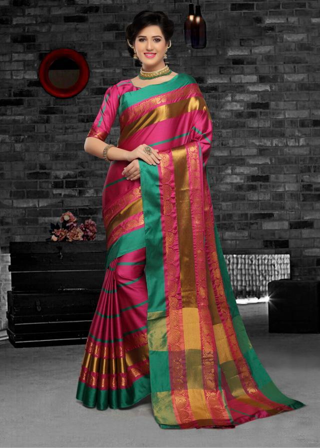 Cotton Silk Saree - Un-stitched Customized Size Up To 42" | Multicolor Woven Pattern All-season Ethnic Wear
