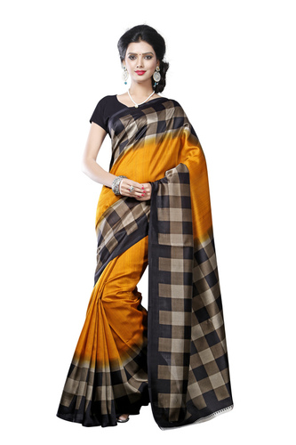 Synthetic Silk Saree - Checkered Border Pattern, Yellow Color | Easy Maintenance, Suitable for All Seasons, Warranty Against Damage