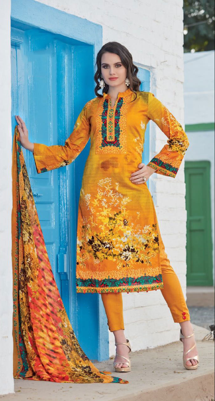 Raheja Lotus Cambric Cotton Printed Suits - Un-stitched, Customized Up To 42 | Blue Cambric Cotton, Weaving Silk Blouse, Modern Dress Type, Printed Material