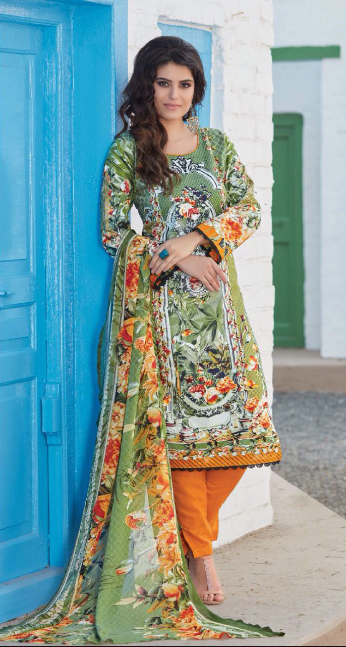 Raheja Lotus Cambric Cotton Printed Suits - Un-stitched, Customized Up To 42 | Blue Cambric Cotton, Weaving Silk Blouse, Modern Dress Type, Printed Material