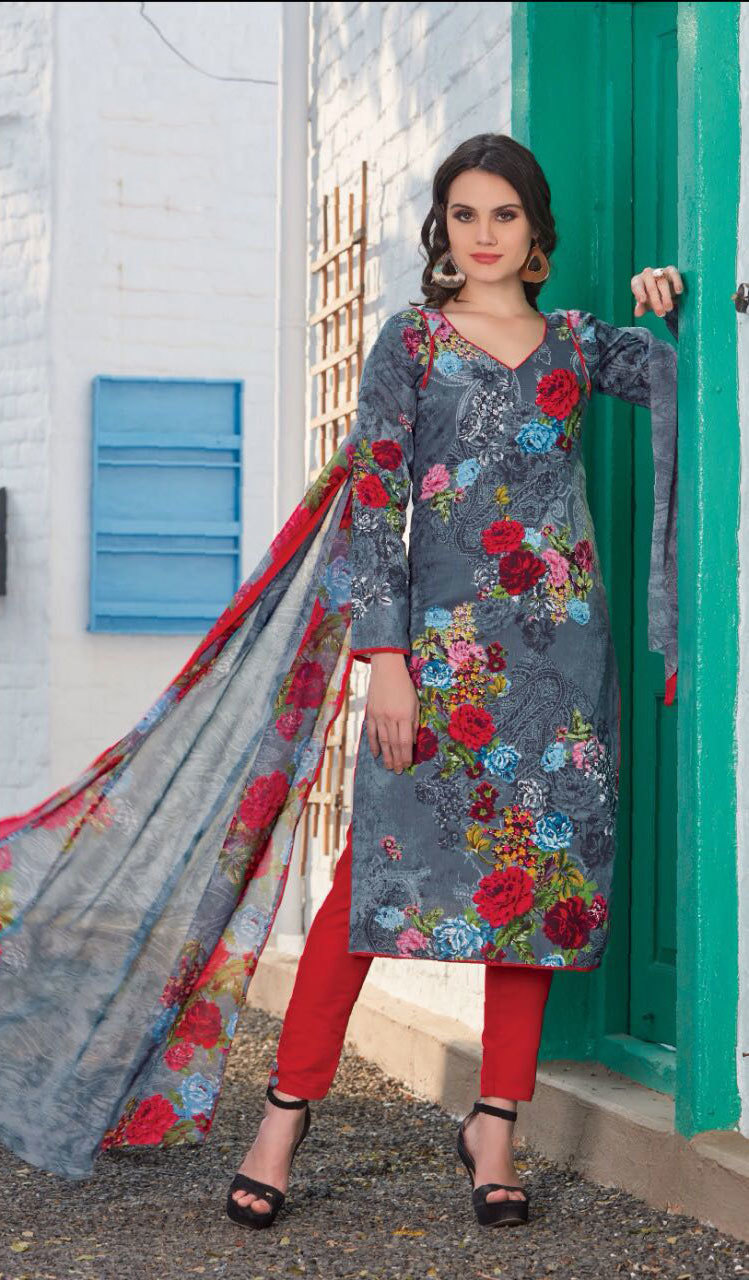 Raheja Lotus Cambric Cotton Printed Suits - Un-stitched, Customized Up To 42 | Blue Cambric Cotton, Weaving Silk Blouse, Modern Dress Type, Printed Material