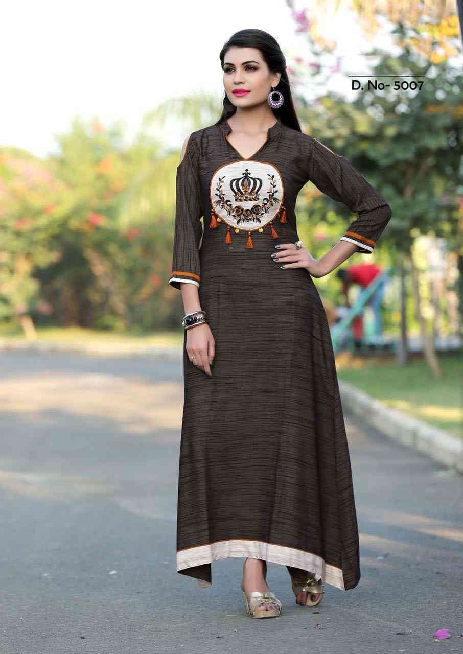 Mittoo Prachi Khadi Rayon Kurti Long Dress - Khadi Rayon Material, Customized Size, Beige Color, Printed Pattern | Formal Dress For All Seasons