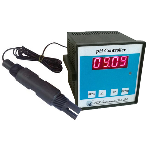 pH Controller with Glass Tube Electrode - 0 to 14 pH Range, 4-Digit LED Display, 23V AC Power Supply, 120 mm Length, 6 Bar Max Pressure, Digital Indicating Controller for Industrial Use