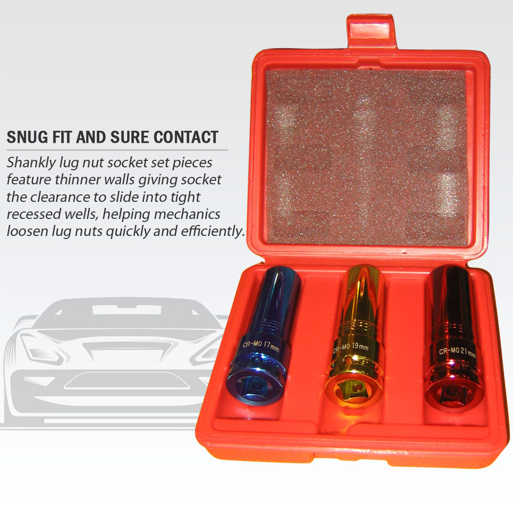 Fit Tools 3 Pcs 1/2" 17 19 21mm Cr-mo Protective Wheel Deep Socket Set