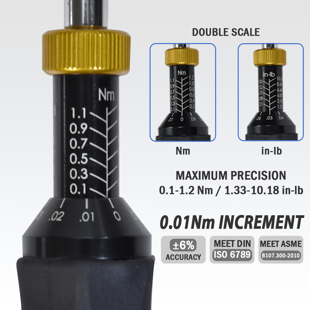 Fit Tools Made In Taiwan 1/4" Adjustable Torque Limited 0.1~1.2 Nm Hex Screwdriver Kit