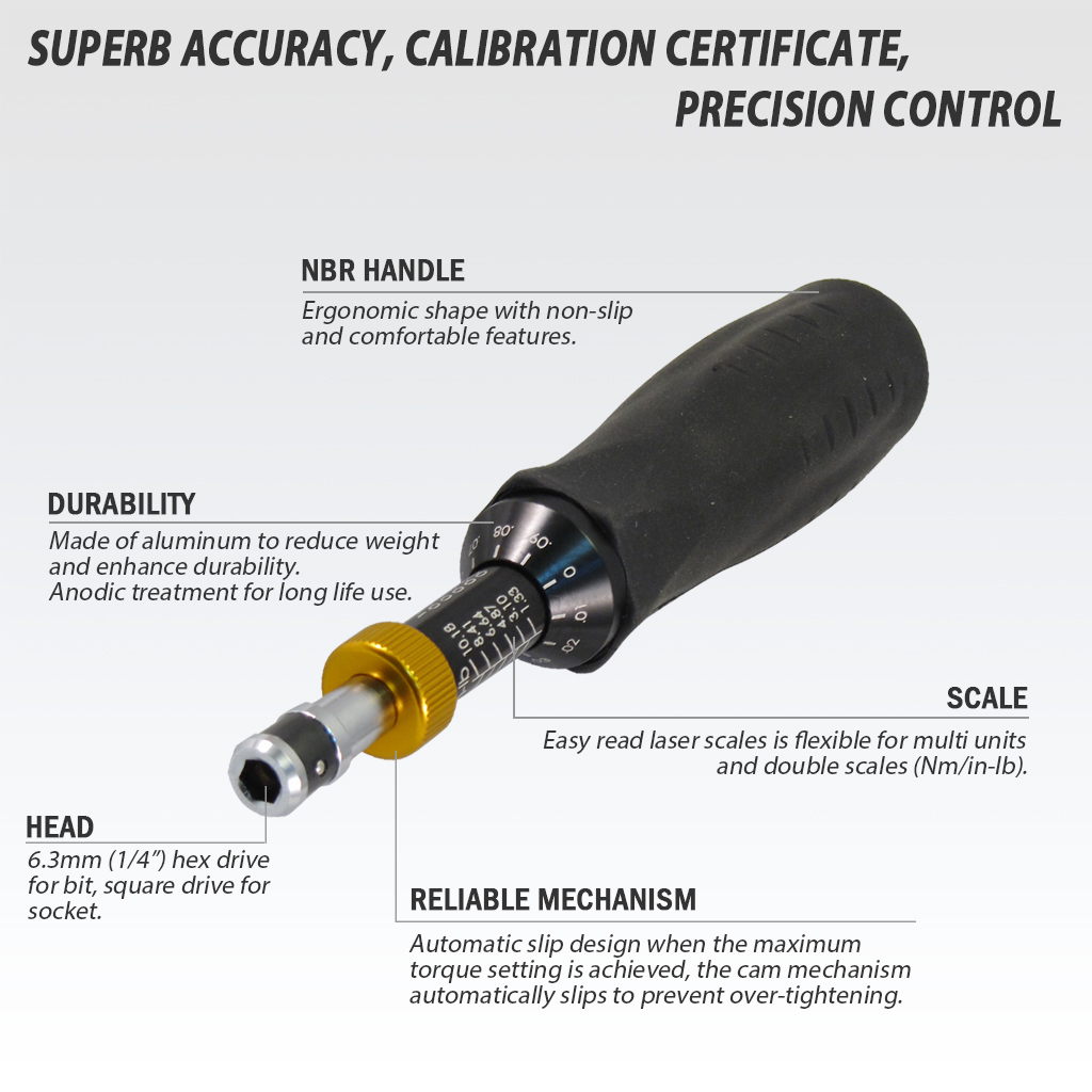 Fit Tools Made In Taiwan 1/4" Adjustable Torque Limited 0.1~1.2 Nm Hex Screwdriver Kit