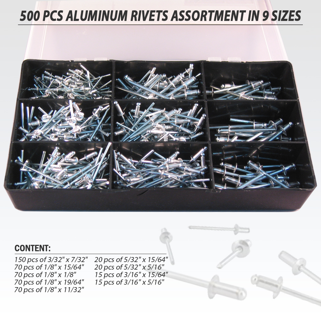 Fit Tools Aluminum 500 Pcs Rivets Assortment 1/8" - 5/32 " In 9 Sizes
