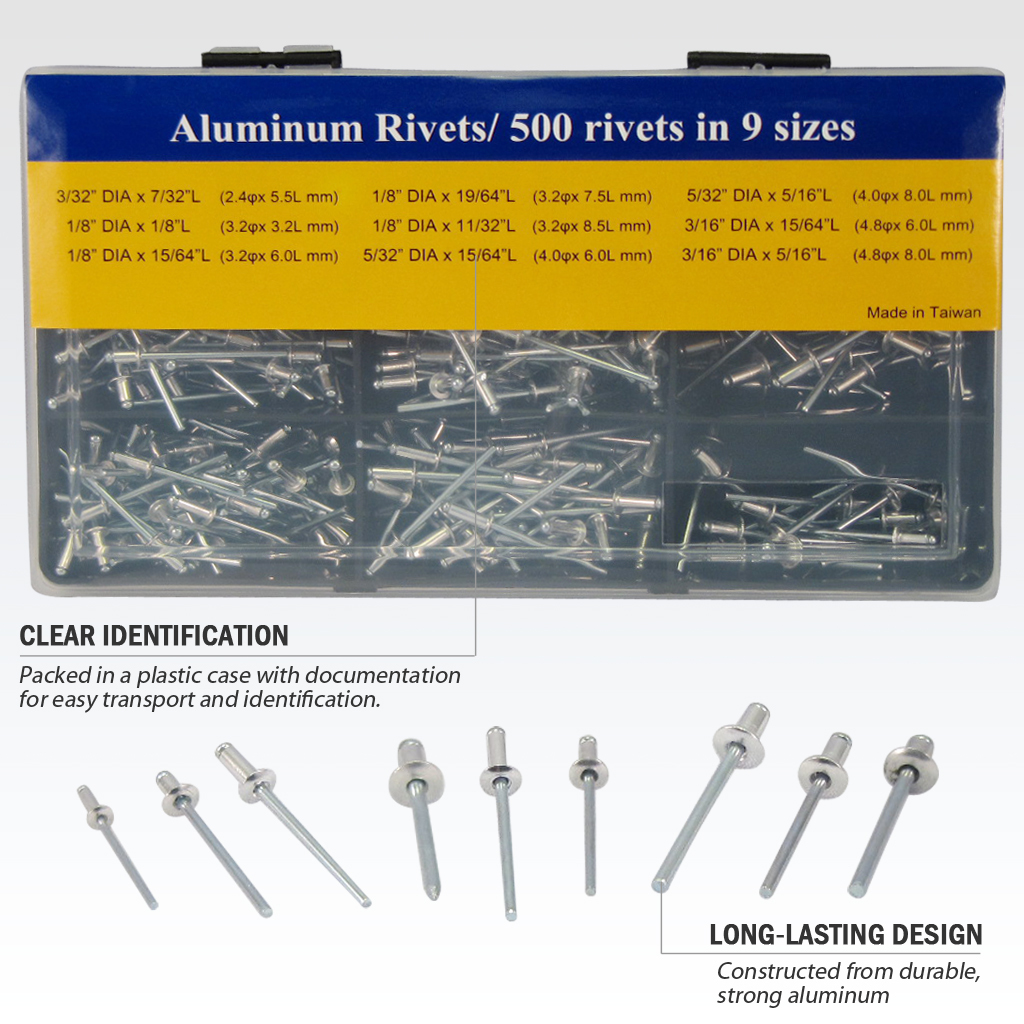 Fit Tools Aluminum 500 Pcs Rivets Assortment 1/8" - 5/32 " In 9 Sizes