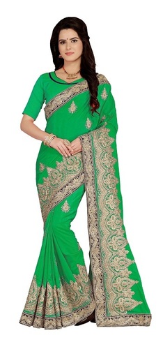 Art Silk Saree - Embroidered Green Color With Resham And Zari Work, Cap Sleeve Bollywood Style, Casual Wear