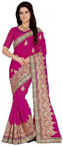 Art Silk Saree - Embroidered Pink with Resham and Zari Work | Customized Size, Cap Sleeve, Quick Dry, Washable, Ideal for All Seasons