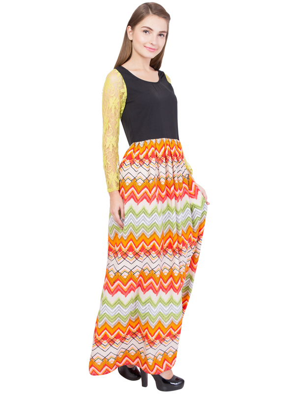 Cotton Maxi Dress - Multicolor Printed Design | Stylish Long Sleeves, Comfortable Round Neck Party Wear