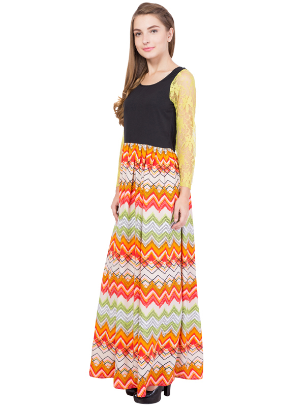Cotton Maxi Dress - Multicolor Printed Design | Stylish Long Sleeves, Comfortable Round Neck Party Wear