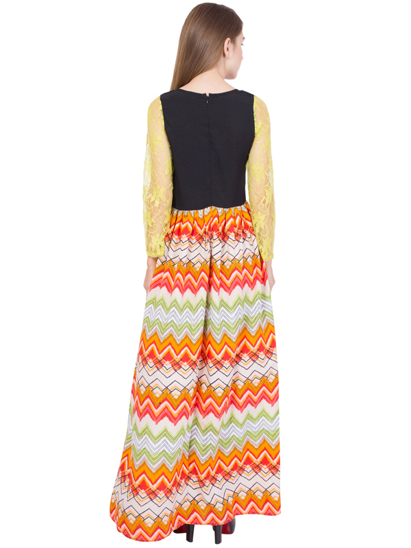 Cotton Maxi Dress - Multicolor Printed Design | Stylish Long Sleeves, Comfortable Round Neck Party Wear