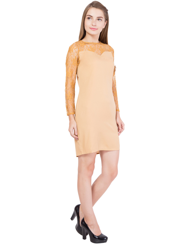 Dress - Polyester Mini Dress, Beige Color, Long Sleeve, Round Neck, Stylish Design, Comfortable Fit, Elegant Look, Party Wear, Versatile Style