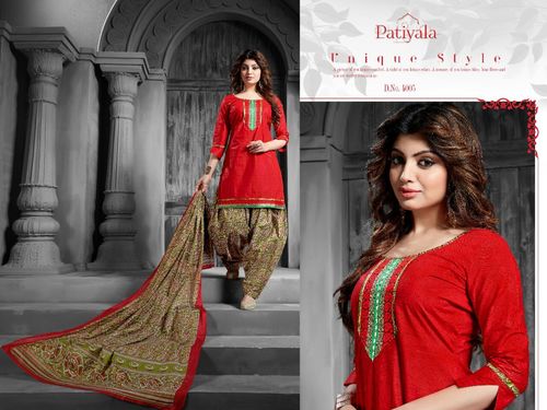Red Pure Cotton Printed Patiyala Dress Material