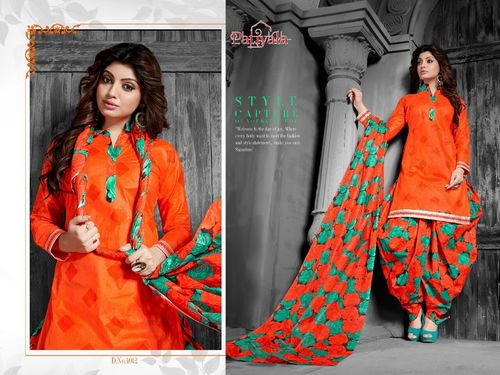 Patiyala Dress - Cotton Chiffon, Orange Color With Printed Dupatta | Breathable, Quick Dry, Non-Toxic, Full Sleeves, Suitable For All Seasons