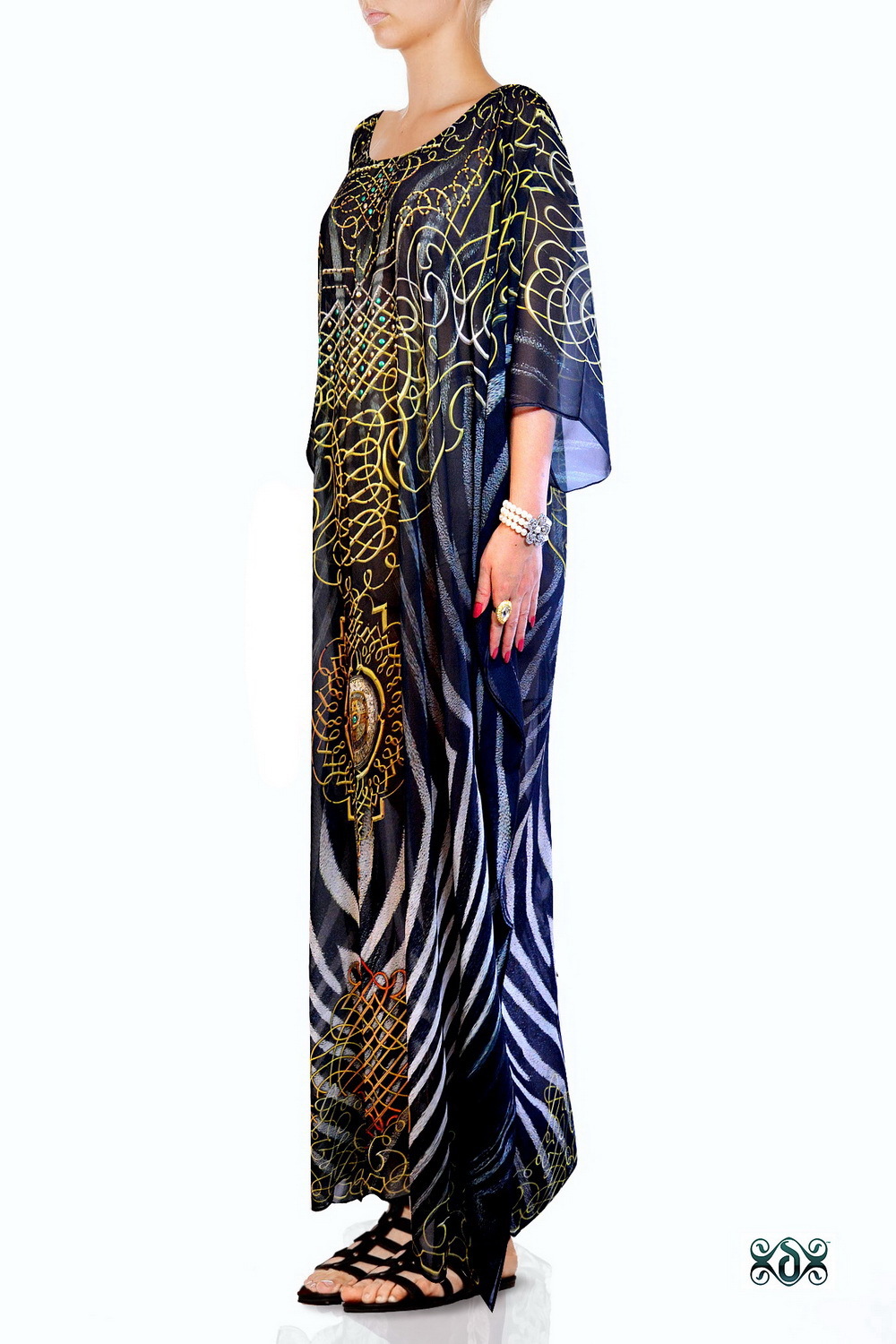 Animal Print Long Embellished Kaftan Bust Size: 60 Inch (In)