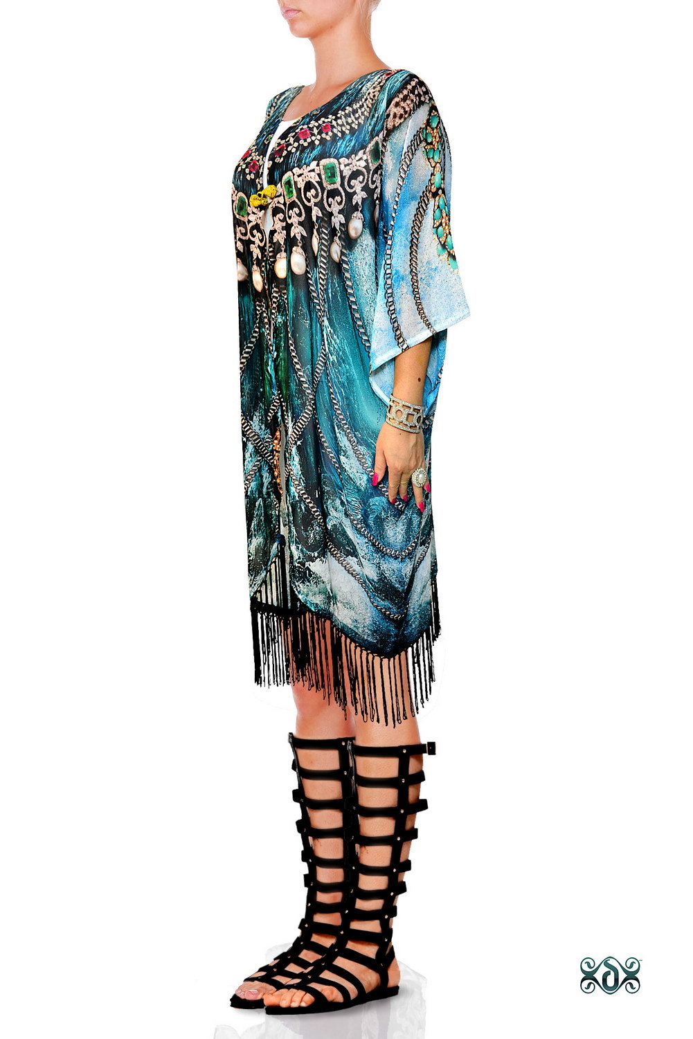 Digital Print Fringes Short Kimono Jacket Bust Size: 65 Inch (In)