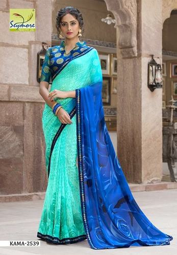 Indian Fancy Border Saree - Georgette, Size 5.5 Mtr + 0.80 Blouse, Blue and Sky Blue, Printed Design with Fancy Border - Soft Touch, Comfortable Fit, Lightweight